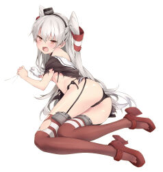 Rule 34 | 1girl, amatsukaze (kancolle), ass, bed sheet, black panties, brown eyes, brown shirt, brown thighhighs, commentary request, dress, embarrassed, full body, garter belt, grey hair, hair tubes, highres, kantai collection, long hair, looking at viewer, lying, open mouth, panties, rudder footwear, sailor dress, sakana (flame sakana), sheet grab, shirt, solo, thighhighs, torn clothes, torn thighhighs, two side up, underwear, white background
