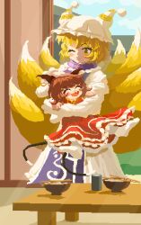 Rule 34 | 02charaice20, absurdres, animal ear piercing, animal ears, animal hat, blonde hair, brown hair, cat ears, chen, fox tail, hat, highres, indoors, multiple tails, nekomata, pixel art, table, tail, touhou, two tails, yakumo ran, yuzumi (meridian project)