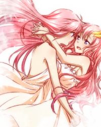 Rule 34 | 2girls, :d, arm around waist, armpits, arms around neck, backless dress, backless outfit, breast press, dress, eye contact, gundam, gundam seed, gundam seed destiny, hair between eyes, hair ornament, lacus clyne, long dress, long hair, looking at another, meer campbell, morihaw, multiple girls, open mouth, pink hair, purple eyes, simple background, sleeveless, sleeveless dress, smile, symmetrical docking, very long hair, white background, white dress, yuri