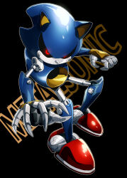 Rule 34 | 1boy, animal ears, aoki (fumomo), black background, black sclera, blue hair, character name, colored sclera, english text, furry, furry male, glowing, glowing eyes, humanoid robot, joints, looking at viewer, male focus, metal sonic, outline, red eyes, red footwear, robot, robot joints, shoes, solo, sonic (series), spiked hair, text background, white outline