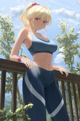 Rule 34 | 1girl, absurdres, blue leggings, blue sky, blue sports bra, breasts, bug, cloud, hair ribbon, highres, insect, ladybug, large breasts, leggings, looking at viewer, navel, original, outdoors, pink ribbon, ponytail, red eyes, ribbon, sky, smile, smoothatin, solo, sports bra, sportswear, standing, sweat, tree