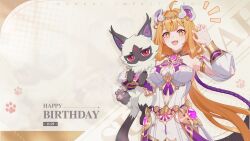 Rule 34 | 1girl, :d, animal, arabian clothes, bare shoulders, birthday, breasts, cat, dated, detached sleeves, happy, happy birthday, highres, holding, holding animal, holding cat, honkai (series), honkai impact 3rd, jewelry, korean commentary, large breasts, long hair, official art, official wallpaper, open hand, open mouth, orange eyes, orange hair, simple background, smile, stan (honkai impact), star-shaped pupils, star (symbol), susannah manatt, susannah manatt (valkyrie quicksand), symbol-shaped pupils, teddy bear ornament, upper body