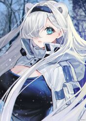 Rule 34 | 1girl, arknights, aurora (arknights), black hairband, black shirt, blue eyes, breasts, cleavage, commentary, hairband, highres, large breasts, long hair, looking at viewer, obuu, outdoors, parted lips, shirt, shrug (clothing), solo, upper body, very long hair, white hair