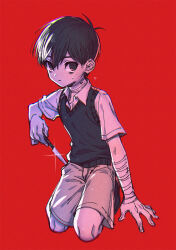 Rule 34 | 1boy, antenna hair, bandaged arm, bandages, black eyes, black hair, black sweater vest, brown shorts, child, collared shirt, commentary request, from side, full body, glint, highres, holding, holding knife, knife, looking at viewer, male focus, omori, red background, seiza, shirt, short hair, shorts, simple background, sitting, solo, sunny (omori), sweat, sweater vest, toastytoast, white shirt