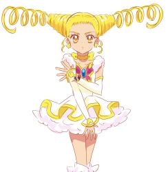 Rule 34 | 1girl, blonde hair, butterfly brooch, butterfly earrings, choker, commentary, cure lemonade, detached sleeves, dress, drill hair, earrings, expressionless, eyelashes, fpminnie1, highres, jewelry, kasugano urara (yes! precure 5), long hair, looking at viewer, magical girl, precure, simple background, sketch, solo, standing, symbol-only commentary, twin drills, white background, white dress, yellow choker, yellow eyes, yes! precure 5