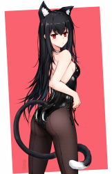 Rule 34 | 1girl, animal ear fluff, animal ears, ass, bare arms, bare shoulders, black hair, black leotard, breasts, brown pantyhose, cat ears, cat girl, cat tail, closed mouth, from behind, hair between eyes, highres, kittysuit, leotard, long hair, looking at viewer, looking back, mole, mole under eye, nontraditional playboy bunny, original, pantyhose, pink background, red eyes, shibanme tekikumo, small breasts, solo, standing, strapless, strapless leotard, tail, two-tone background, very long hair, white background, xingye (xing)
