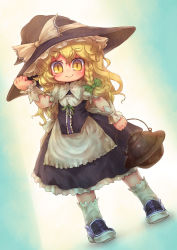 Rule 34 | 1girl, blonde hair, bow, braid, child, curiosities of lotus asia, female focus, hair bow, hat, highres, kirisame marisa, pot, sankuma, single braid, smile, solo, touhou, witch, witch hat, wrist cuffs, yellow eyes