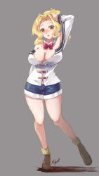 Rule 34 | 1girl, absurdres, ankle boots, arm up, bare shoulders, blonde hair, blue shorts, blush, boots, bow, bowtie, breasts, brown eyes, brown footwear, cleavage, commentary request, detached collar, folded ponytail, full body, grey background, hand on own head, highres, kono subarashii sekai ni shukufuku wo!, korean commentary, large breasts, long hair, long sleeves, looking at viewer, luna (konosuba), mihaya (mihaya1818), mixed-language commentary, off-shoulder shirt, off shoulder, open mouth, parted bangs, ponytail, red bow, red bowtie, shadow, shirt, short shorts, shorts, sidelocks, signature, solo, standing, standing on one leg, white shirt