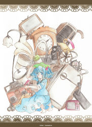 Rule 34 | 1girl, absurdres, barefoot, blue eyes, blue hair, blush, broken, cassette player, clock, controller, hand fan, female focus, game controller, gamepad, hair bobbles, hair ornament, hand on headwear, hat, highres, kawashiro nitori, kneeling, lamp, matching hair/eyes, microwave, phone, phonograph, pocket, radiator, refrigerator, short twintails, sink, smile, solo, television, touhou, twintails, two side up, wrench