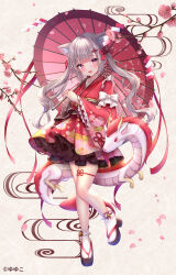 Rule 34 | 1girl, :d, animal ear fluff, animal ears, ankle bell, bell, black footwear, blush, bow, cat ears, chinese zodiac, commentary request, egasumi, frilled sleeves, frills, hair bow, highres, holding, holding umbrella, japanese clothes, jingle bell, kimono, lolita fashion, long hair, long sleeves, looking at viewer, obi, oil-paper umbrella, open mouth, original, red bow, red eyes, red kimono, red umbrella, sandals, sash, sidelocks, smile, socks, solo, tabi, twintails, umbrella, very long hair, wa lolita, white socks, wide sleeves, year of the dragon, yuyuko (yuyucocco), zouri