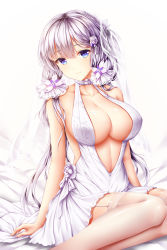 Rule 34 | 1girl, azur lane, blue eyes, breasts, cleavage, cleavage cutout, clothing cutout, dress, flower, garter straps, hair flower, hair ornament, hair rings, highres, illustrious (azur lane), illustrious (morning star of love and hope) (azur lane), large breasts, long hair, looking at viewer, low twintails, mole, mole under eye, silver hair, smile, solo, thighhighs, twintails, veil, wedding dress, white background, white dress, white thighhighs, wsman