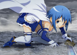 Rule 34 | 10s, 1girl, all fours, armband, blue eyes, blue hair, breasts, cape, cleavage, gloves, magical girl, mahou shoujo madoka magica, mahou shoujo madoka magica (anime), matching hair/eyes, miki sayaka, sat-c, short hair, small breasts, smile, solo, sword, thighhighs, weapon, zettai ryouiki