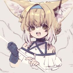 Rule 34 | 1girl, animal ears, arknights, bare shoulders, blue hairband, blush, clothing cutout, commentary request, cropped torso, dress, earpiece, fox ears, fox girl, frilled sleeves, frills, grey background, hairband, highres, looking at viewer, material growth, niwatori (akira 207), open mouth, oripathy lesion (arknights), short hair, short sleeves, shoulder cutout, simple background, solo, suzuran (arknights), upper body, yellow eyes
