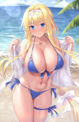 Rule 34 | 1girl, alice zuberg, bare shoulders, beach, bikini, blonde hair, blue bikini, blue eyes, blush, breasts, cleavage, closed mouth, collarbone, commentary, cowboy shot, hair ornament, hands up, highres, huge breasts, kawase seiki, long hair, long sleeves, looking at viewer, navel, ocean, off shoulder, open clothes, open shirt, outdoors, shirt, side-tie bikini bottom, sideboob, smile, solo, swimsuit, sword art online, sword art online: alicization, thigh strap, thighs, very long hair, water, white shirt