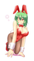 Rule 34 | 1girl, all fours, animal ears, arm support, bare shoulders, blush, bow, bowtie, breasts, cleavage, colored eyelashes, fake animal ears, female focus, full body, green hair, high heels, highres, kazami yuuka, kemonomimi mode, kneeling, large breasts, leotard, looking at viewer, one eye closed, pantyhose, playboy bunny, rabbit ears, rabbit tail, red eyes, seductive smile, see-through, see-through legwear, shoes, short hair, simple background, smile, solo, surume (clavis), tail, touhou, white background, wink, wrist cuffs