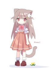 Rule 34 | 1girl, animal ear fluff, animal ears, blush stickers, brown eyes, brown footwear, brown hair, brown skirt, cherry hair ornament, chibi, closed mouth, collared shirt, commentary request, flower, food-themed hair ornament, full body, hair ornament, high-waist skirt, highres, loafers, long hair, nakkar, original, pleated skirt, puffy short sleeves, puffy sleeves, shadow, shirt, shoes, short sleeves, simple background, skirt, socks, solo, standing, tail, twitter username, two side up, very long hair, white background, white shirt, white socks, yellow flower