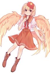 Rule 34 | animal, animal on head, bird, bird on head, bird tail, bird wings, blonde hair, boots, brown footwear, chick, closed mouth, commentary, dress, feathered wings, full body, multicolored hair, niwatari kutaka, on head, orange dress, puffy short sleeves, puffy sleeves, red eyes, red hair, shirt, short hair, short sleeves, simple background, smile, symbol-only commentary, tail, touhou, two-tone hair, uzuz (xvhm5584), white background, white shirt, wings, yellow wings