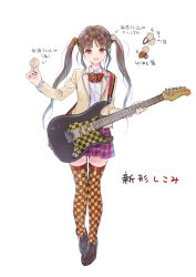 Rule 34 | 1girl, absurdres, blazer, bow, bowtie, brown eyes, brown hair, checkered clothes, checkered legwear, commentary request, electric guitar, fender stratocaster, full body, guitar, hair bobbles, hair ornament, highres, instrument, jacket, kishida mel, loafers, long sleeves, looking at viewer, miniskirt, open mouth, original, plaid, plaid skirt, pleated skirt, purple skirt, school uniform, shirt, shoes, skirt, solo, thighhighs, translation request, white background, white shirt, zettai ryouiki