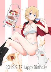 Rule 34 | 1girl, armpits, bikini, blonde hair, blue eyes, boots, braid, breasts, cake, cleavage, coat, collarbone, cup, darjeeling (girls und panzer), dated, food, girls und panzer, halterneck, happy birthday, highres, jacket, looking at viewer, macaron, military jacket, muteki soda, navel, official alternate costume, one-piece swimsuit, pie, red coat, sandwich, smile, swimsuit, tea, teacup, teapot, thighs, tiered tray, tray, white one-piece swimsuit
