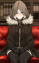 Rule 34 | 1girl, black cloak, black gloves, black jacket, black thighhighs, blue eyes, blurry, blurry background, blush, bookshelf, breasts, cloak, closed mouth, commentary, couch, embarrassed, eyelashes, fate (series), fur-trimmed cloak, fur trim, gloves, gray (fate), grey skirt, hair between eyes, hands on lap, hayama kazusa, highres, hood, hooded cloak, jacket, looking at viewer, lord el-melloi ii case files, medium breasts, miniskirt, plaid, plaid skirt, pleated skirt, short hair, silver hair, sitting, skirt, solo, thighhighs, zettai ryouiki
