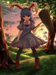 Rule 34 | 1girl, animal ears, ankle boots, bad id, bad pixiv id, black pantyhose, blue dress, blue hair, boots, brown footwear, cloud, commentary, crescent print, cross-laced footwear, crying, crying with eyes open, dress, earclip, gradient sky, grass, hair between eyes, highres, hill, holding, holding mallet, kayon (touzoku), kine, lace-up boots, looking at viewer, low twintails, mallet, neck ribbon, open mouth, outdoors, pantyhose, parted lips, puffy short sleeves, puffy sleeves, rabbit ears, red eyes, red ribbon, ribbon, seiran (touhou), short hair, short sleeves, sky, solo, standing, star (symbol), star print, tears, touhou, tree, twilight, twintails