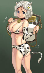 Rule 34 | 00s, 1girl, 2009, animal print, ass, bad id, bad pixiv id, bell, bikini, breasts, cleavage, cow girl, cow print, cowbell, detached sleeves, elbow gloves, gloves, horns, kouno (masao), large breasts, looking back, milk, new year, original, short hair, solo, string bikini, swimsuit, tail, white hair
