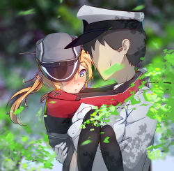 Rule 34 | 1boy, 1girl, admiral (kancolle), blonde hair, blush, caisan, carrying, faceless, faceless male, highres, kantai collection, leaf, one eye covered, outdoors, princess carry, prinz eugen (kancolle)