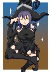 Rule 34 | 1girl, artist request, blair (soul eater), blush, breasts, flipped hair, hair between eyes, hat, highres, large breasts, long hair, one eye closed, paw pose, purple hair, sitting, smile, solo, soul eater, white background, wide hips, wink, witch hat, yellow eyes