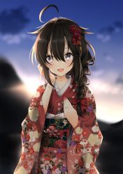 Rule 34 | 1girl, :d, absurdres, ahoge, backlighting, black hair, blue sky, blurry, blurry background, blush, bow, braid, cloud, cloudy sky, commentary request, day, depth of field, floral print, flower, furisode, grey eyes, hair between eyes, hair bow, hair flaps, hair flower, hair ornament, hair over shoulder, hair ribbon, hands up, highres, huge filesize, japanese clothes, jewelry, kantai collection, kimono, long hair, long sleeves, looking at viewer, nail polish, obi, open mouth, pink nails, print kimono, red bow, red flower, red kimono, red ribbon, ribbon, ring, sash, shigure (kancolle), shigure kai ni (kancolle), sidelocks, single braid, sky, smile, solo, upper body, uzuki tsukuyo, wedding band, wide sleeves