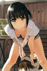 Rule 34 | 1girl, black eyes, black hair, blush, breasts, cat, cleavage, downblouse, extended downblouse, highres, leaning forward, light smile, looking at viewer, matsunaga kouyou, medium breasts, one side up, original, shirt, short hair, smile, solo, standing, t-shirt