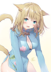 Rule 34 | 1girl, :d, absurdres, animal ears, blonde hair, blue dress, blue eyes, blush, breasts, cat ears, cat tail, china dress, chinese clothes, cleavage, cleavage cutout, clothing cutout, dated, dress, facial mark, final fantasy, final fantasy xiv, hair between eyes, highres, long hair, long sleeves, medium breasts, miqo&#039;te, open mouth, short dress, signature, simple background, slit pupils, smile, solo, tail, warrior of light (ff14), white background, yana mori