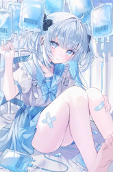 Rule 34 | 1girl, :&lt;, absurdres, ahoge, bandaid, bandaid on leg, bandaid on thigh, barefoot, belt collar, black bow, blue collar, blue eyes, blue sailor collar, blue skirt, bow, collar, crossed bandaids, ear piercing, fingernails, foot out of frame, grey hair, hair bow, hand up, haruhiruri, highres, intravenous drip, knees up, long hair, looking at viewer, on bed, original, piercing, pill, puffy short sleeves, puffy sleeves, sailor collar, shirt, short sleeves, sitting, skirt, solo, suspender skirt, suspenders, twintails, white shirt