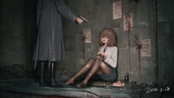 Rule 34 | 1girl, 1other, :d, ahoge, aiming, black footwear, black necktie, black skirt, blood, blood from mouth, blood on clothes, blush, boots, brown eyes, brown hair, brown pantyhose, cake, cake slice, can, coat, collared shirt, commentary, dated, energy drink, english commentary, food, grey coat, gun, hair between eyes, handgun, highres, holding, holding gun, holding weapon, loafers, monster energy, necktie, open mouth, original, pantyhose, pencil skirt, pistol, plate, rubik&#039;s cube, shirt, shoes, single shoe, skirt, smile, standing, teeth, torn clothes, torn legwear, upper teeth only, weapon, white shirt, yurichtofen