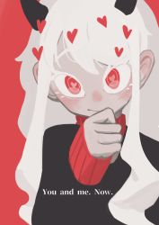 Rule 34 | black horns, black suit, blush, breasts, demon girl, demon horns, demon tail, formal, heart, heart-shaped pupils, helltaker, highres, horns, long sleeves, modeus (helltaker), red background, red eyes, red sweater, shirt, short hair, solo, suit, sweater, symbol-shaped pupils, tail