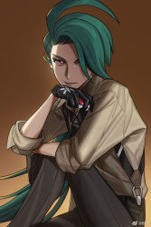 Rule 34 | 1girl, ahoge, black gloves, black necktie, bright pupils, brown background, collared shirt, commentary request, creatures (company), earrings, game freak, gloves, green hair, highres, holding, holding poke ball, jewelry, long hair, looking to the side, necktie, nika (weibo 1765532371), nintendo, orange eyes, pants, parted lips, poke ball, poke ball (basic), pokemon, pokemon sv, rika (pokemon), shirt, sitting, sleeves rolled up, smile, solo, stud earrings, suspenders, white pupils