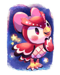Rule 34 | 1girl, :d, bird, bird tail, bird wings, blush, border, bow, celeste (animal crossing), commentary, animal crossing, english commentary, full body, hair bow, hand on own chin, highres, looking to the side, night, night sky, nintendo, open mouth, owl, pink bow, simple background, sky, smile, solid oval eyes, solo, standing, star (sky), talons, thick eyebrows, v-shaped eyebrows, white background, white border, wings, yi-wen leow