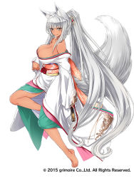 Rule 34 | 1girl, 2015, alstroemeria, animal ears, artist request, bare shoulders, barefoot, brave sword x blaze soul, breasts, cleavage, copyright notice, dark-skinned female, dark skin, dated, fox ears, fox tail, full body, hand fan, high ponytail, holding, holding fan, japanese clothes, kimono, large breasts, long hair, long sleeves, obi, off shoulder, official art, sash, simple background, smile, solo, tail, thick eyebrows, very long hair, white background, white hair