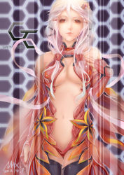 Rule 34 | 10s, 1girl, 2012, breasts, center opening, cleavage, copyright name, dated, fingerless gloves, gloves, guilty crown, hair ornament, hairclip, hexagon, lips, medium breasts, navel, pink hair, shoumura (mix), signature, solo, yuzuriha inori