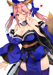 Rule 34 | 10s, 1girl, ;d, absurdres, animal ears, bare shoulders, blue kimono, blush, breasts, cleavage, collarbone, cowboy shot, detached sleeves, fang, fate/extra, fate (series), fox ears, fox tail, hair ribbon, heart, highres, japanese clothes, kimono, large breasts, looking at viewer, obi, one eye closed, open mouth, pink hair, ribbon, sash, smile, solo, suika (atelier-yuu), tail, tamamo (fate), tamamo no mae (fate/extra), twintails, v, wide sleeves, yellow eyes
