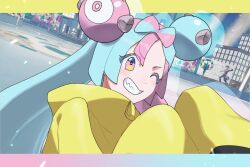 Rule 34 | 1girl, blush, building, character hair ornament, commentary request, creatures (company), from side, game freak, green hair, grin, hair ornament, hands up, highres, iono (pokemon), jacket, letterboxed, multicolored hair, nidokureo02, night, nintendo, one eye closed, outdoors, pink eyes, pink hair, pokemon, pokemon sv, smile, solo, teeth, two-tone hair, upper body, yellow jacket