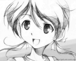 Rule 34 | 00s, 1girl, :d, artist name, eyebrows, gofu, greyscale, hair between eyes, hair ribbon, looking away, low twintails, monochrome, open mouth, portrait, ribbon, sketch, sky girls, smile, solo, sonomiya karen, traditional media, twintails, watermark, web address