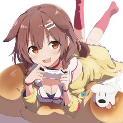 Rule 34 | 1girl, animal ears, armband, bone hair ornament, braid, breasts, brown eyes, brown hair, cleavage, collar, controller, dog, dog ears, dress, gotyou, hair ornament, holding, holding controller, hololive, inugami korone, inugami korone (1st costume), jacket, lying, on stomach, open mouth, red neckwear, red socks, socks, solo, twin braids, virtual youtuber, white background, white dress, yellow jacket