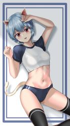 Rule 34 | 1girl, animal ear fluff, animal ears, ayanami rei, black thighhighs, blue buruma, blue shirt, blush, border, breasts, buruma, cat ears, cat tail, commentary, cowboy shot, crop top, curled fingers, dutch angle, foot up, gym uniform, hair between eyes, hand on own face, hands up, highres, juna (zana lazy), looking at viewer, medium breasts, midriff, navel, neon genesis evangelion, parted lips, raglan sleeves, raised eyebrows, red eyes, shadow, shirt, short hair, short sleeves, solo, striped, tail, thighhighs, vertical stripes, wavy mouth, white background, white shirt