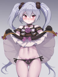 Rule 34 | 1girl, absurdres, black panties, blush, clothes lift, dress, dress lift, guardian tales, hair between eyes, hair ornament, highres, lifting own clothes, looking at viewer, necromancer noxia, panties, purple ribbon, red eyes, ribbon, silver hair, sliverdog, solo, twintails, underwear