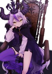 Rule 34 | 1girl, absurdres, akebisousaku, chair, crown, flat chest, highres, hololive, horns, la+ darknesss, looking at viewer, purple hair, single thighhigh, sitting, striped horns, thighhighs, throne, virtual youtuber, yellow eyes