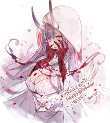 Rule 34 | 1girl, absurdres, black nails, blood, blood on hands, breasts, bride, claws, cleavage, colored skin, crying, dated, fingernails, happy birthday, highres, hood, hood up, horns, light purple hair, long fingernails, long hair, mayutsuba mono, nail polish, oni horns, original, parted lips, pink eyes, red skin, sharp fingernails, short eyebrows, solo