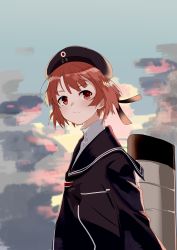 Rule 34 | 1girl, absurdres, black hat, black neckwear, blush, brown eyes, brown hair, closed mouth, clothes writing, cloud, hat, highres, kantai collection, long sleeves, outdoors, pale skin, ribbon, rigging, sailor collar, sailor hat, short hair, sky, solo, sui (sui27shika), z3 max schultz (kancolle)