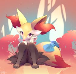 Rule 34 | 1girl, animal ear fluff, animal ears, animal feet, animal hands, animal nose, anus, artist name, b-epon, black fur, blue bow, body fur, bow, bracelet, braixen, bush, claws, cleft of venus, closed mouth, creatures (company), dated, day, feet, female focus, fox ears, fox girl, fox tail, full body, furry, furry female, game freak, gen 6 pokemon, grass, hands on own knees, hands up, happy, highres, jewelry, knees together feet apart, knees up, looking at viewer, multicolored fur, neck fur, nintendo, outdoors, pokemon, pokemon (creature), pussy, red eyes, signature, sitting, smile, snout, solo, tail, tail bow, tail ornament, uncensored, white fur, yellow fur