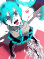 Rule 34 | 1girl, animated, animated gif, aqua eyes, aqua hair, crazy eyes, detached sleeves, from above, gimunema, hatsune miku, headphones, long hair, microphone, microphone stand, necktie, open mouth, shouting, skirt, solo, thighhighs, twintails, vocaloid