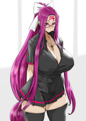 Rule 34 | 1girl, absurdres, arms behind back, black shirt, black skirt, black thighhighs, breasts, cleavage, closed mouth, collared shirt, covered erect nipples, curvy, dress shirt, facial mark, fate/grand order, fate (series), forehead mark, glasses, hair ribbon, high ponytail, highres, huge breasts, jewelry, long hair, medusa (fate), medusa (rider) (fate), miniskirt, necklace, pleated skirt, ponytail, purple eyes, purple hair, ribbon, school uniform, shirt, short sleeves, sidelocks, skirt, square pupils, standing, thighhighs, thighs, uc (91776165), uniform, very long hair